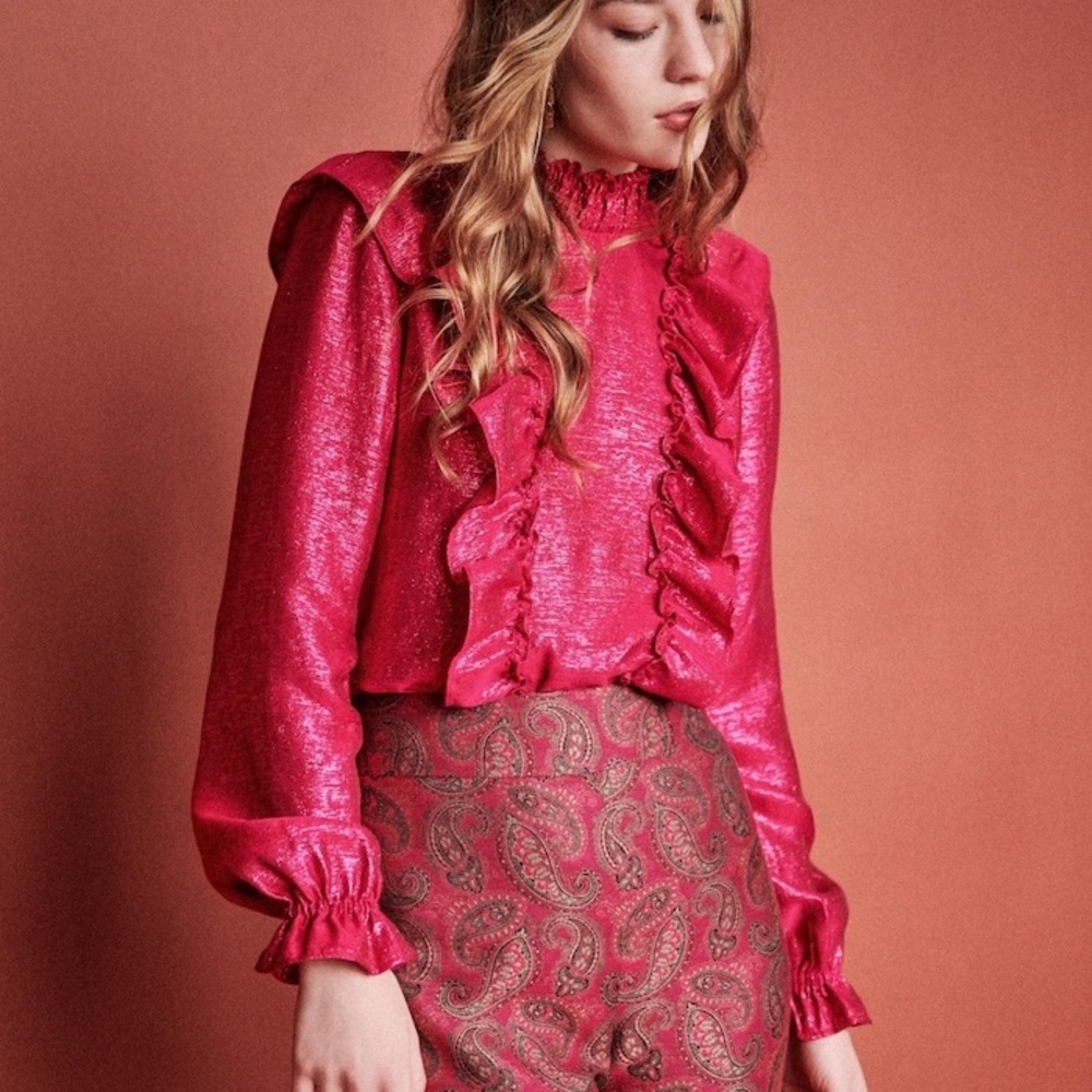 Sezane Filomene Blouse in Lurex Rose. US size 4. NWT.